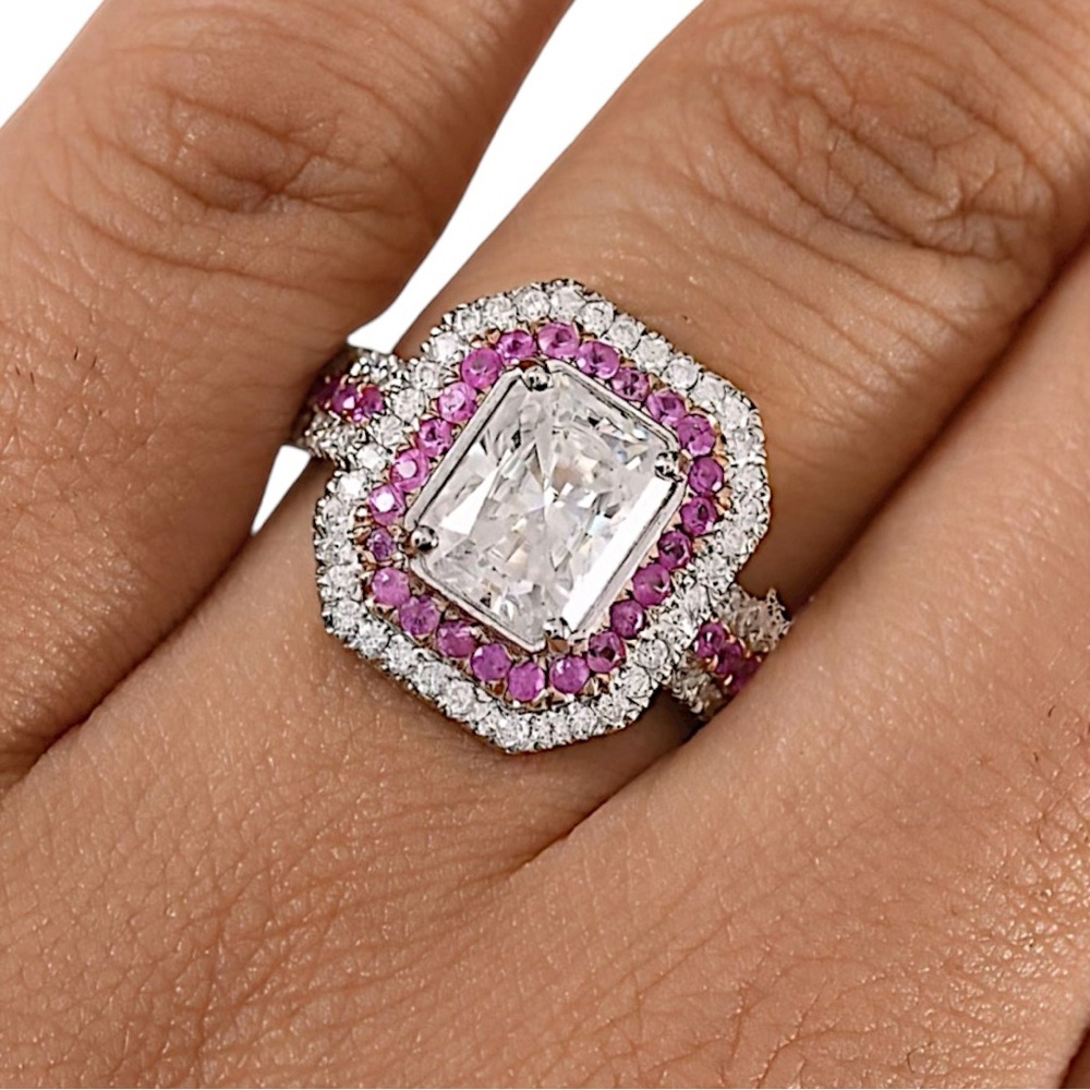Moissanite Pink Sapphire Halo Ring 3.50ctw 18K Rose Gold over 925 Sterling - Picture 2 of 6